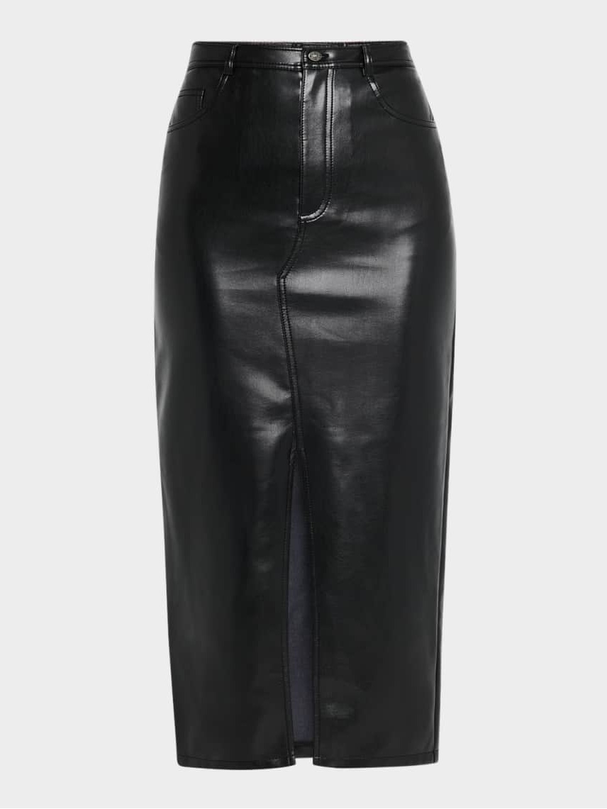 Nwt Trend Of 2026 Women's Black Faux Leather Pencil Skirt With Front Slit